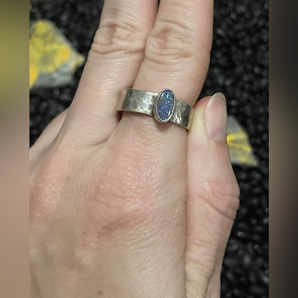 Native American Sterling Silver Blue Australian Opal Ring Stacker 8.5 Hammered